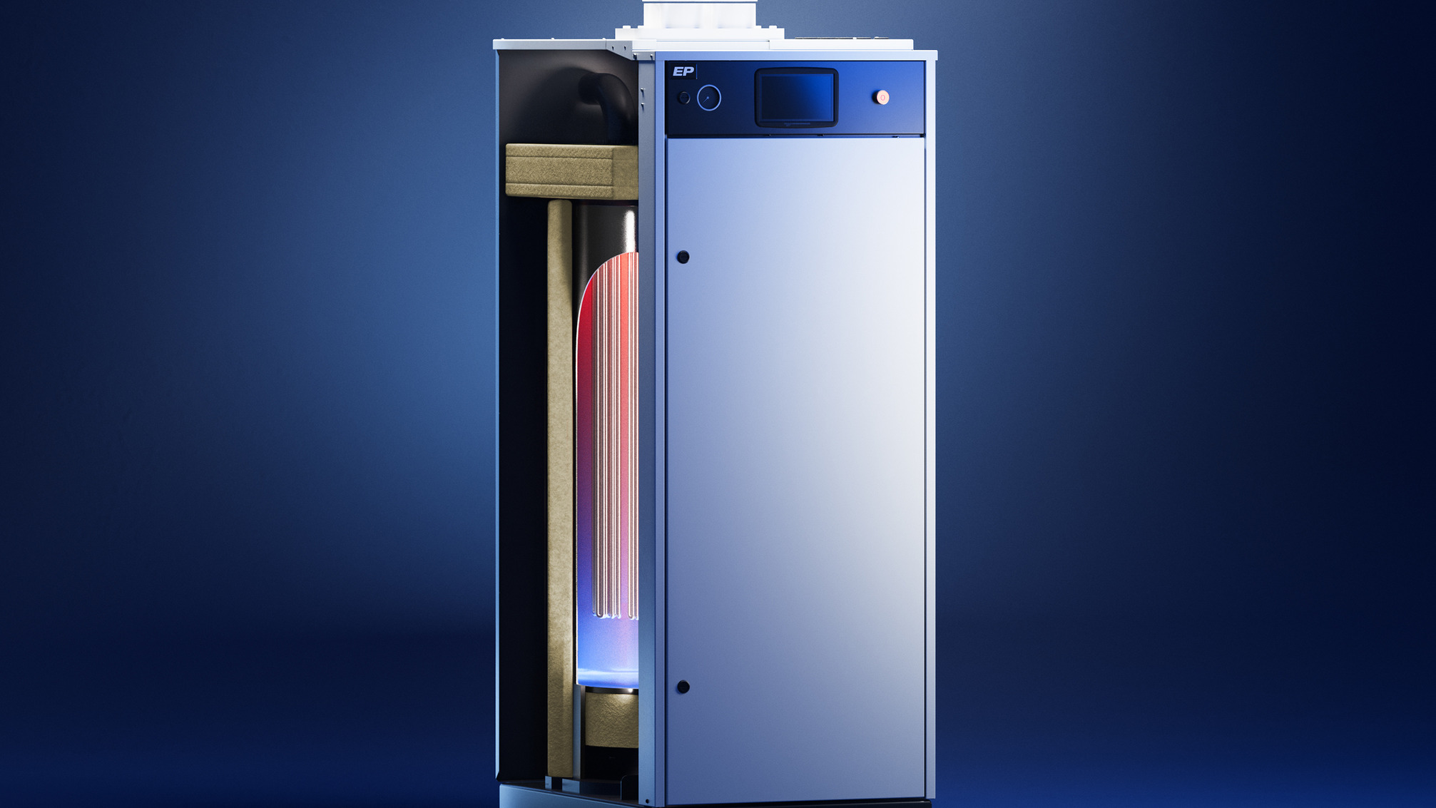 Moderne elkjel med gjennomskåret visning, som fremhever de interne varmeelementene, opplyst i en mørkeblå setting.